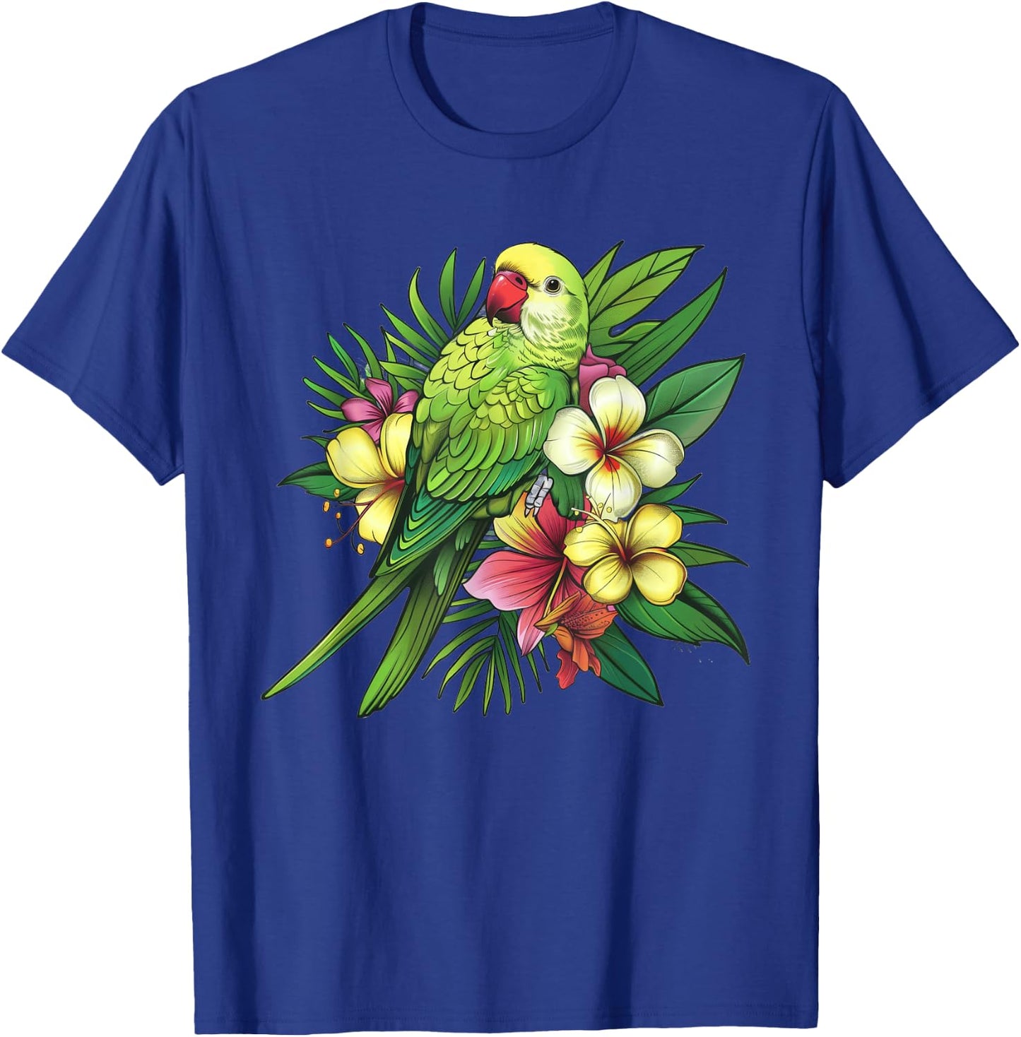 Monk Parakeet With Tropical Flowers T-Shirt - T-Shirt | Royal