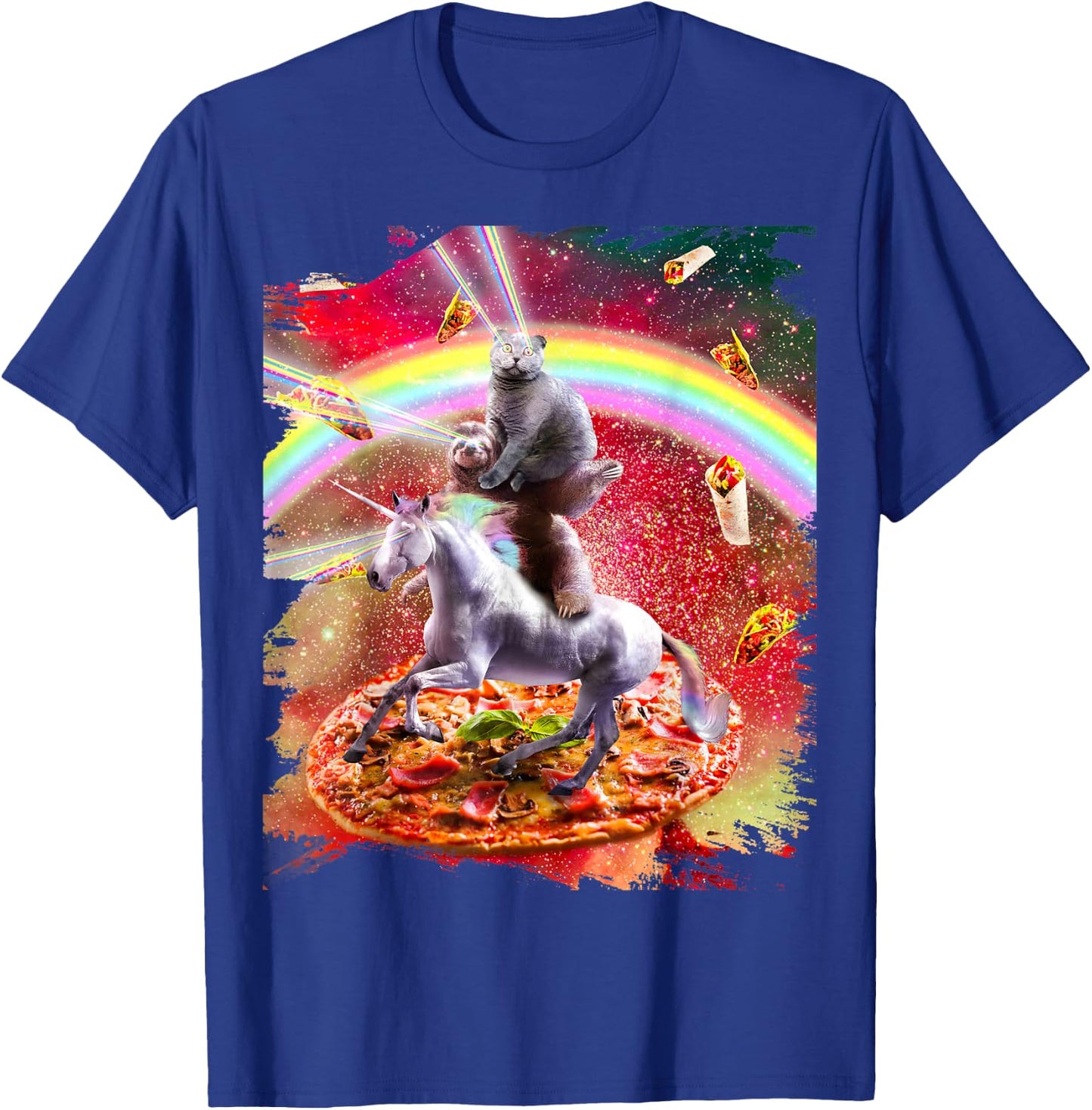 Laser Eyes Space Cat On Sloth Unicorn - Rainbow T-Shirt - T-Shirt | Royal