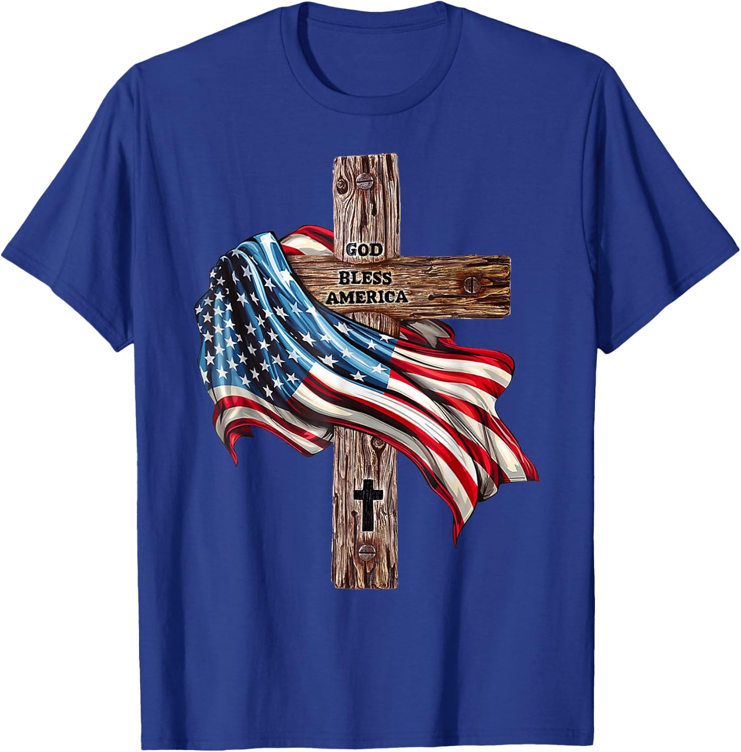 God Bless America Cross American Flag US Patriotic Christian T-Shirt - T-Shirt | Royal