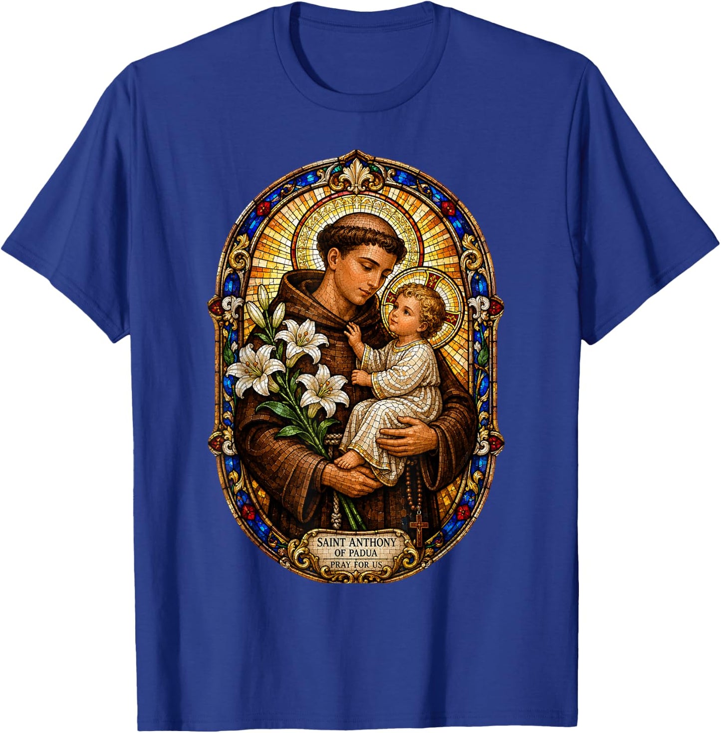 Saint Anthony of Padua Pray for Us Sacred Mosaic Art Faith T-Shirt - T-Shirt | Royal