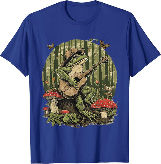 Cottagecore Aesthetic Frog with Banjo Guitar Under Mushroom T-Shirt - T-Shirt | Royal