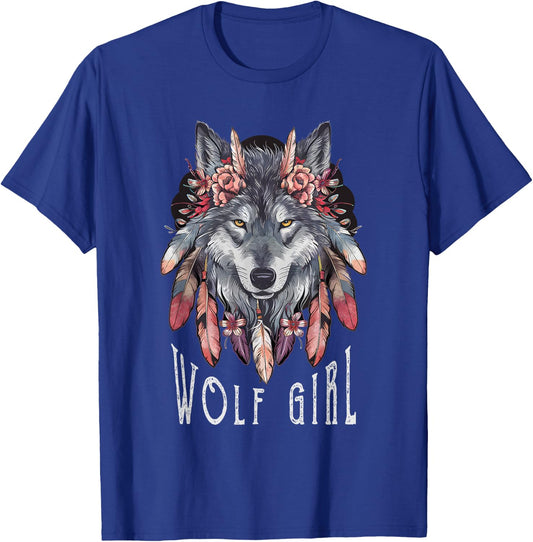 Wolf Girl Loves Wolves Women Children Feathers Floral Wolf , black T-Shirt - T-Shirt | Royal