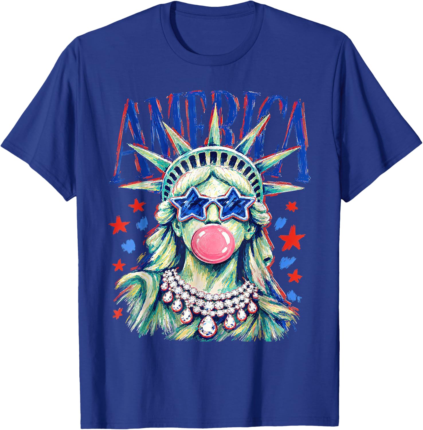 Statue of Liberty Blowing Bubble Preppy Brushstroke USA T-Shirt - T-Shirt | Royal