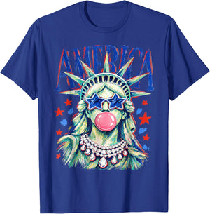 Statue of Liberty Blowing Bubble Preppy Brushstroke USA T-Shirt - T-Shirt | Royal