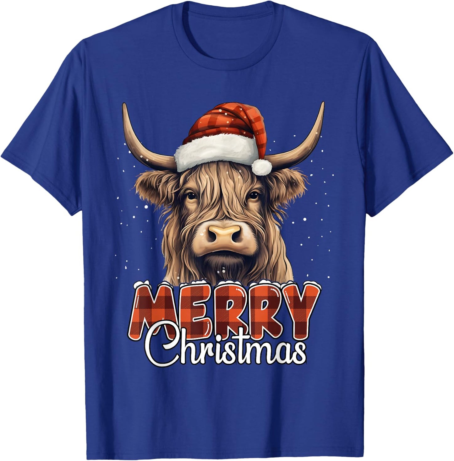 Merry Christmas Highland Cow Western Santa Hat Xmas Men T-Shirt - T-Shirt | Royal