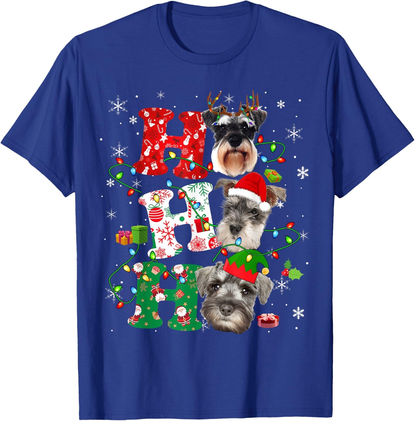Ho3 Christmas Lights Santa Elf Reindeer Schnauzer T-Shirt - T-Shirt | Royal