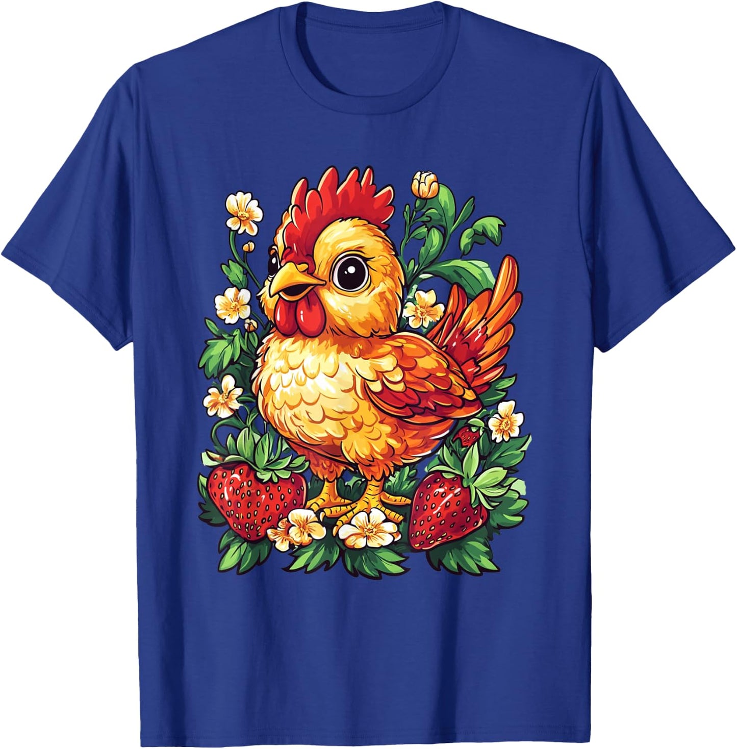 Chicken Strawberries and Flowers Graphic Cute Chicken T-Shirt - T-Shirt | Royal