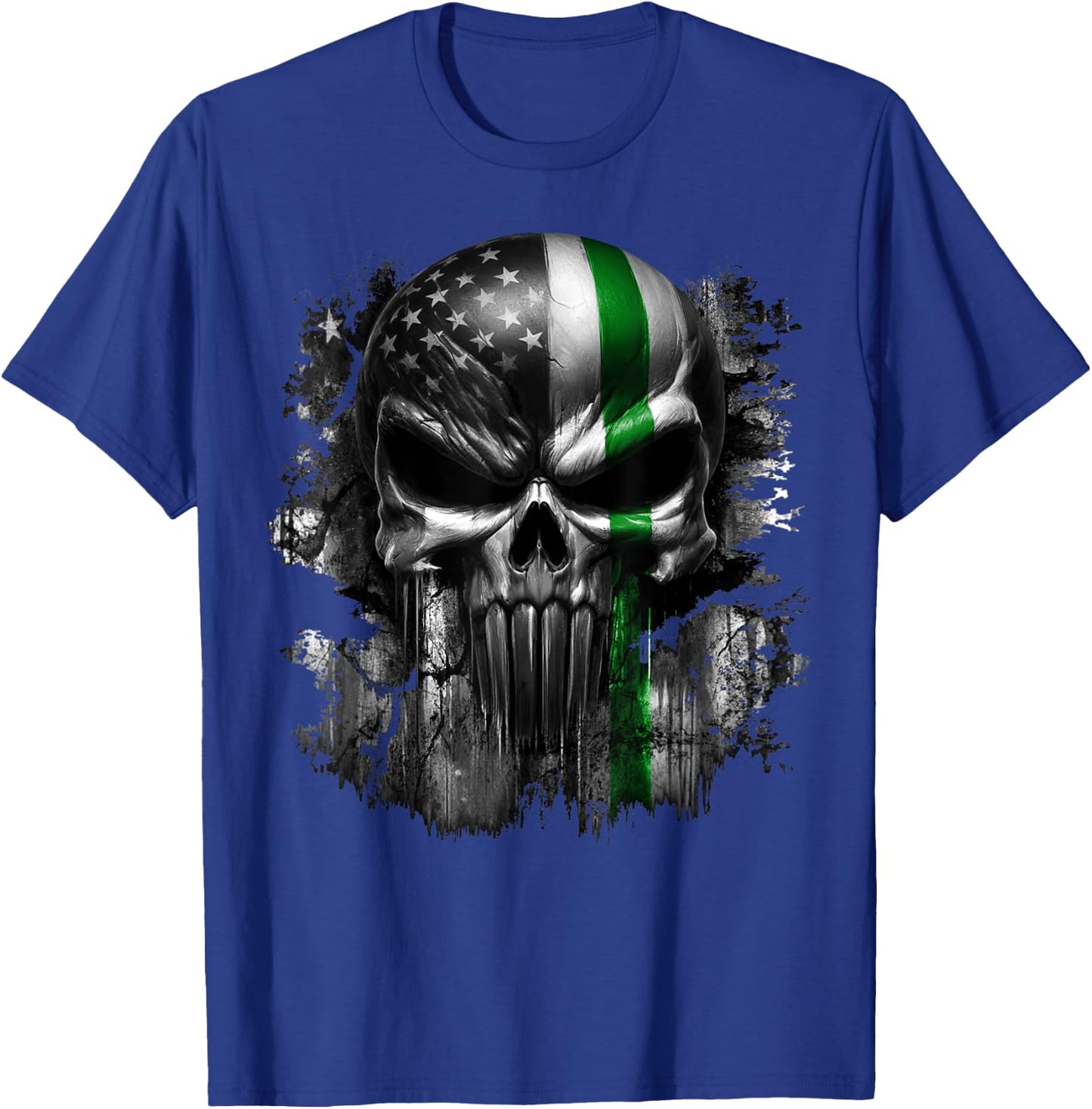 USA American Skull Patriotic Line Flag Grunge Graphic T-Shirt - T-Shirt | Royal
