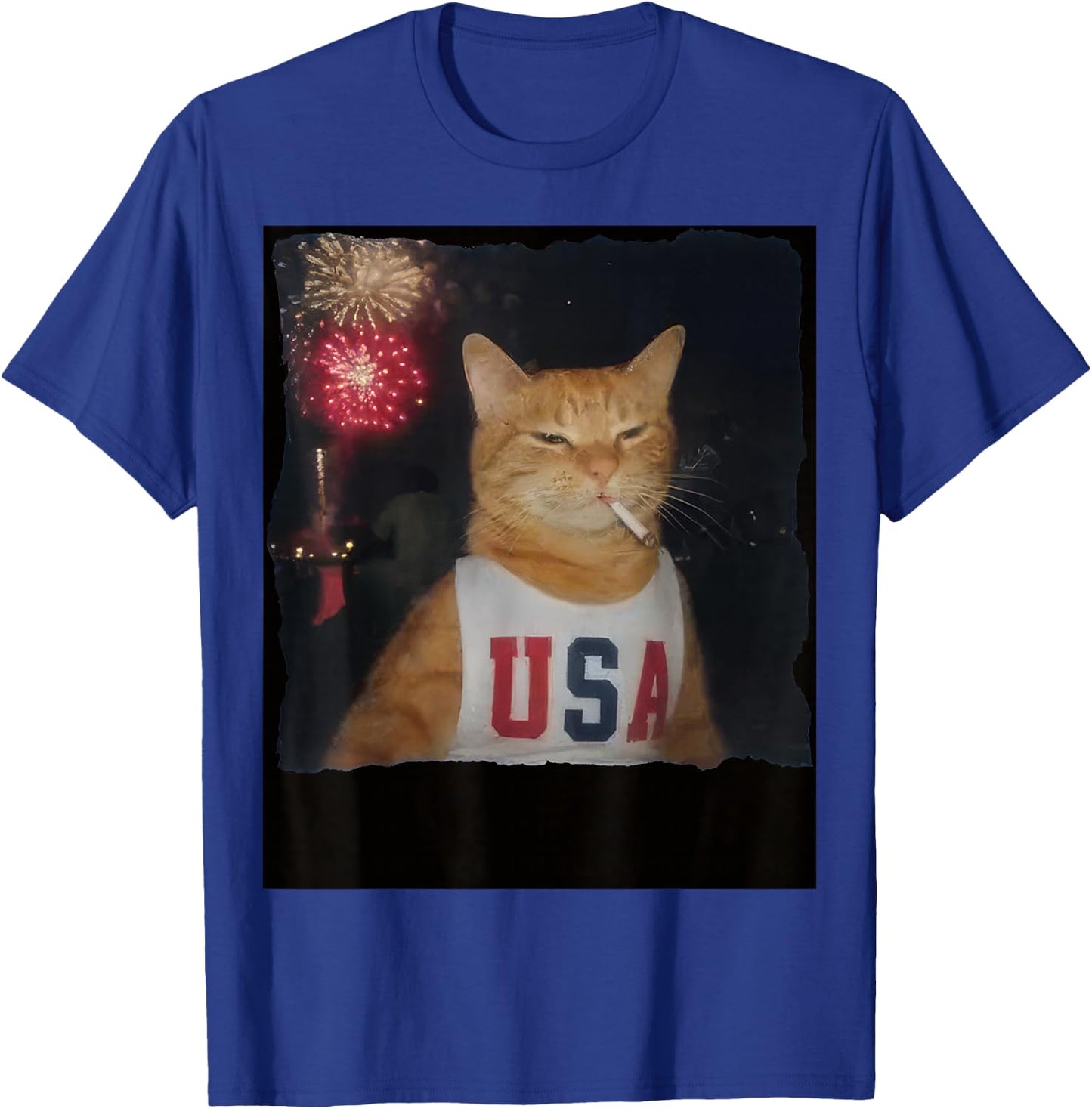 Funny Patriotic Orange Cat Fireworks 4th of July USA Flag T-Shirt - T-Shirt | Royal
