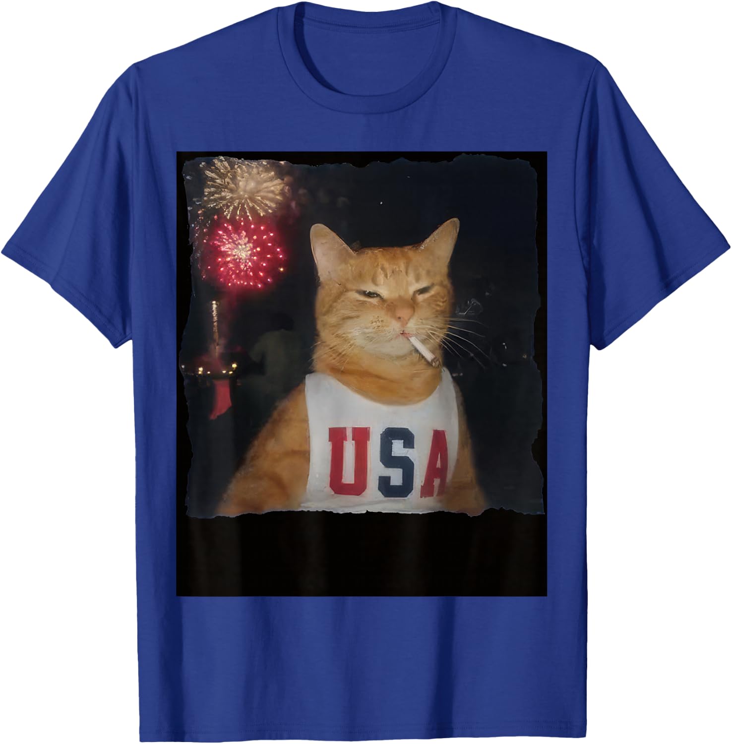 Funny Patriotic Orange Cat Fireworks 4th of July USA Flag T-Shirt - T-Shirt | Royal