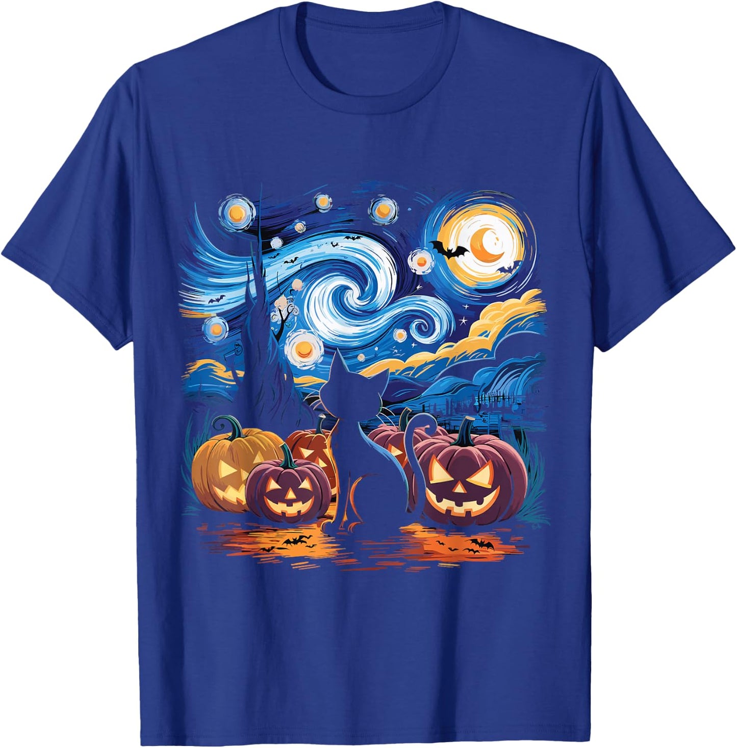 Halloween Van Gogh Starry Night Black Cat Pumpkin Shirt Men Women Kids T-Shirt - T-Shirt | Royal
