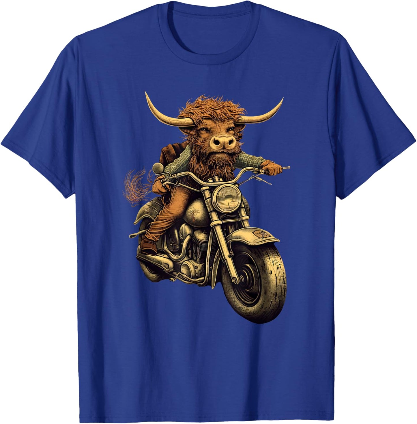 Scottish Highland Cow Cattle Hairy Cow Rides motorcycle men T-Shirt - T-Shirt | Royal