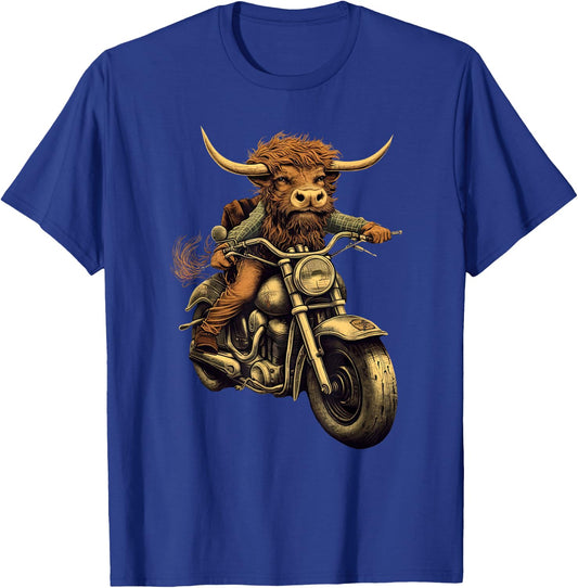 Scottish Highland Cow Cattle Hairy Cow Rides motorcycle men T-Shirt - T-Shirt | Royal
