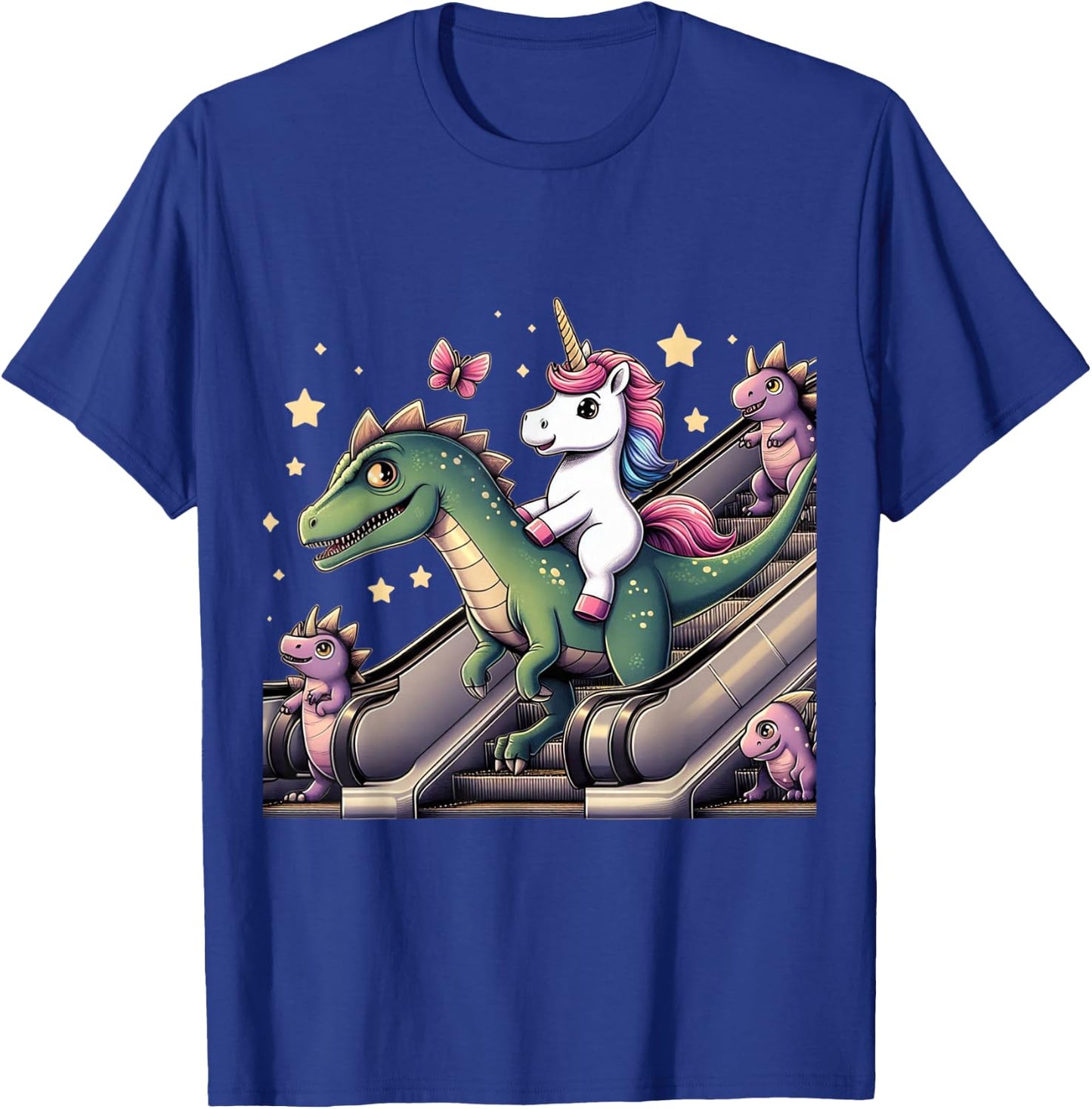 Unicorn Dinosaur Escalator Girls Boys Men Women Kids Rainbow T-Shirt - T-Shirt | Royal