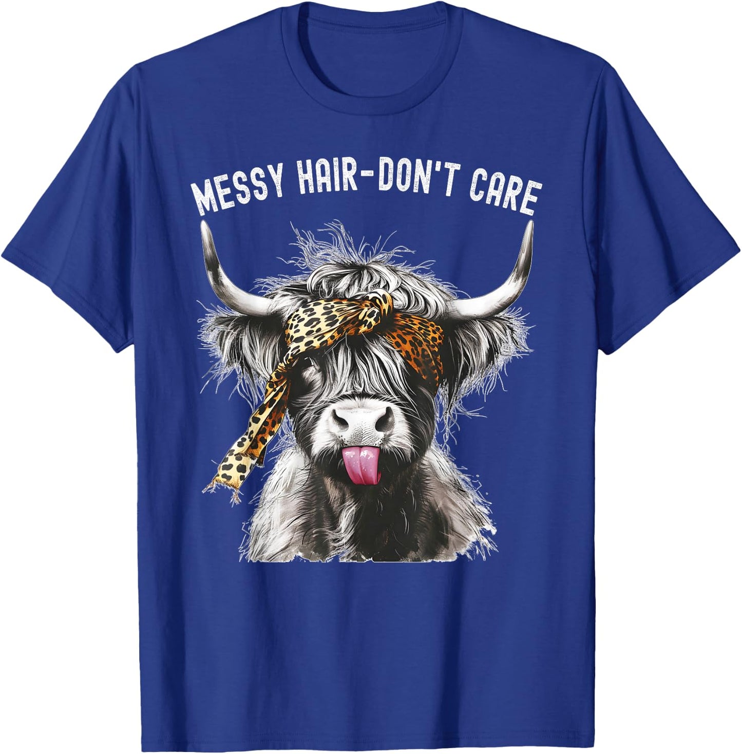 Highland Cow Leopard Print Messy Hair Don't Care Western T-Shirt - T-Shirt | Royal