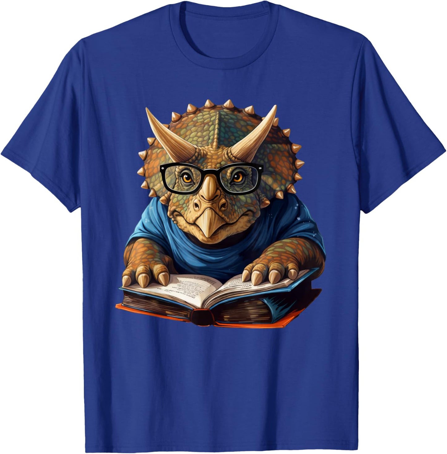Triceratops Dinosaur Reading Book Nerd T-Shirt - T-Shirt | Royal