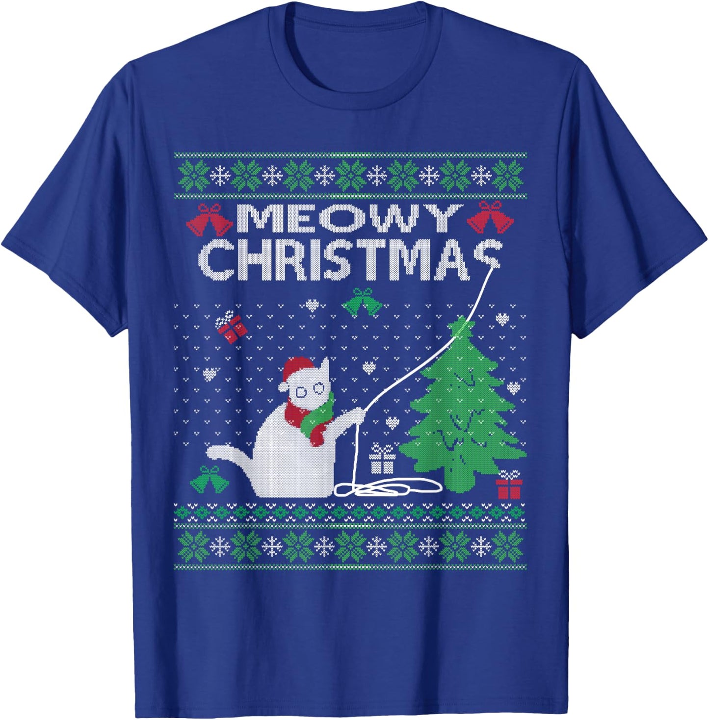 Funny Meowy Christmas Cats Xmas Cute Cat Lover Ugly Sweater Men Women Kids T-Shirt - T-Shirt | Royal