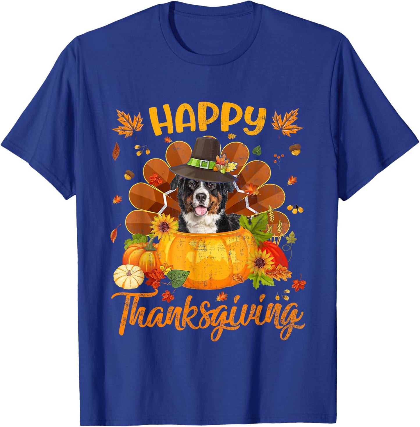 Happy Thanksgiving Bernese Mountain Dog Turkey Pumpkin T-Shirt - T-Shirt | Royal