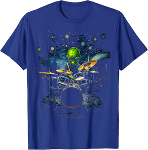 Van Gogh Alien Percussionist Drum Kit Playing Drum , Black, S T-Shirt - T-Shirt | Royal