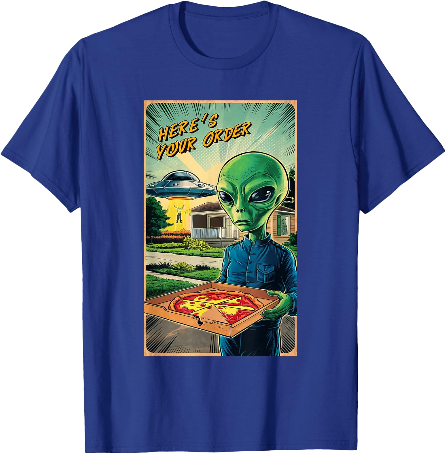 Funny Alien Delivery Pizza UFO Alien Eating Pizza T-Shirt - T-Shirt | Royal