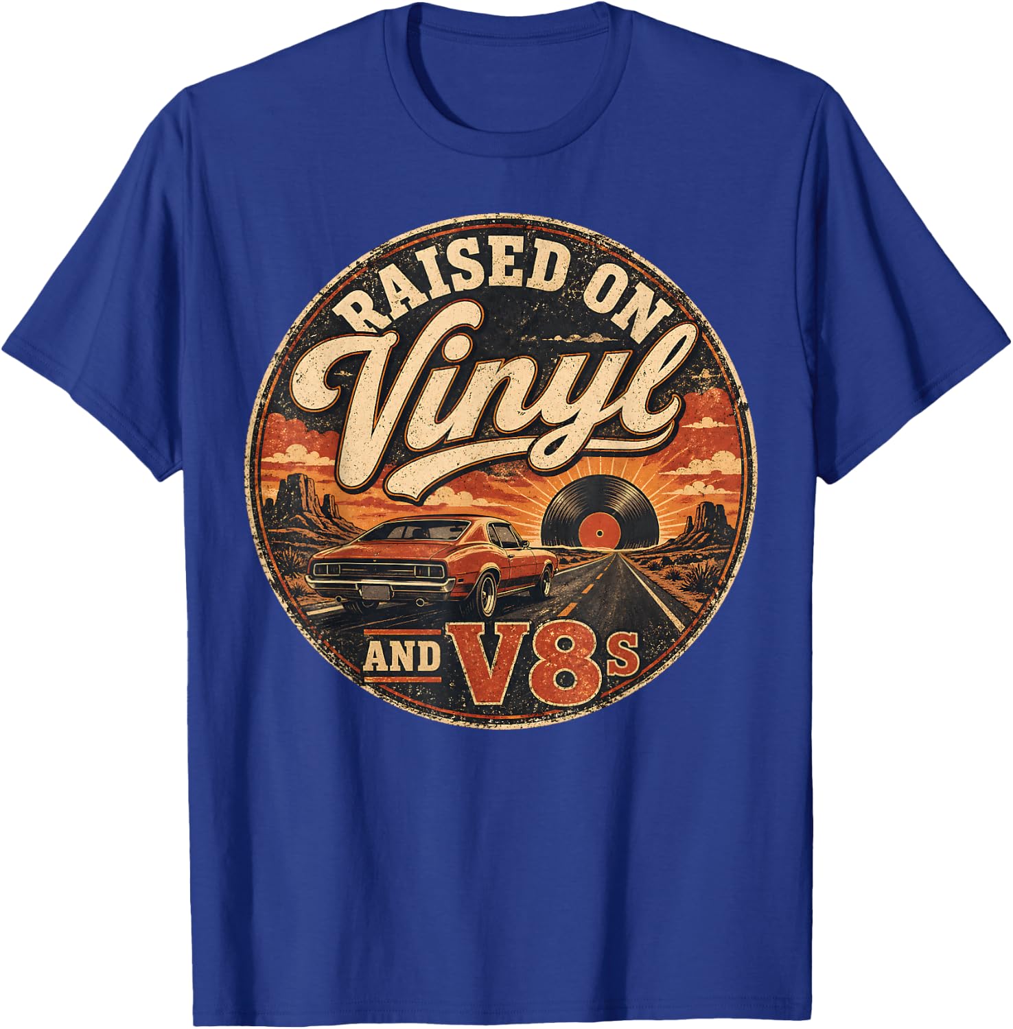 Raised On Vinyl and V8s Car Lover Retro Design T-Shirt - T-Shirt | Royal