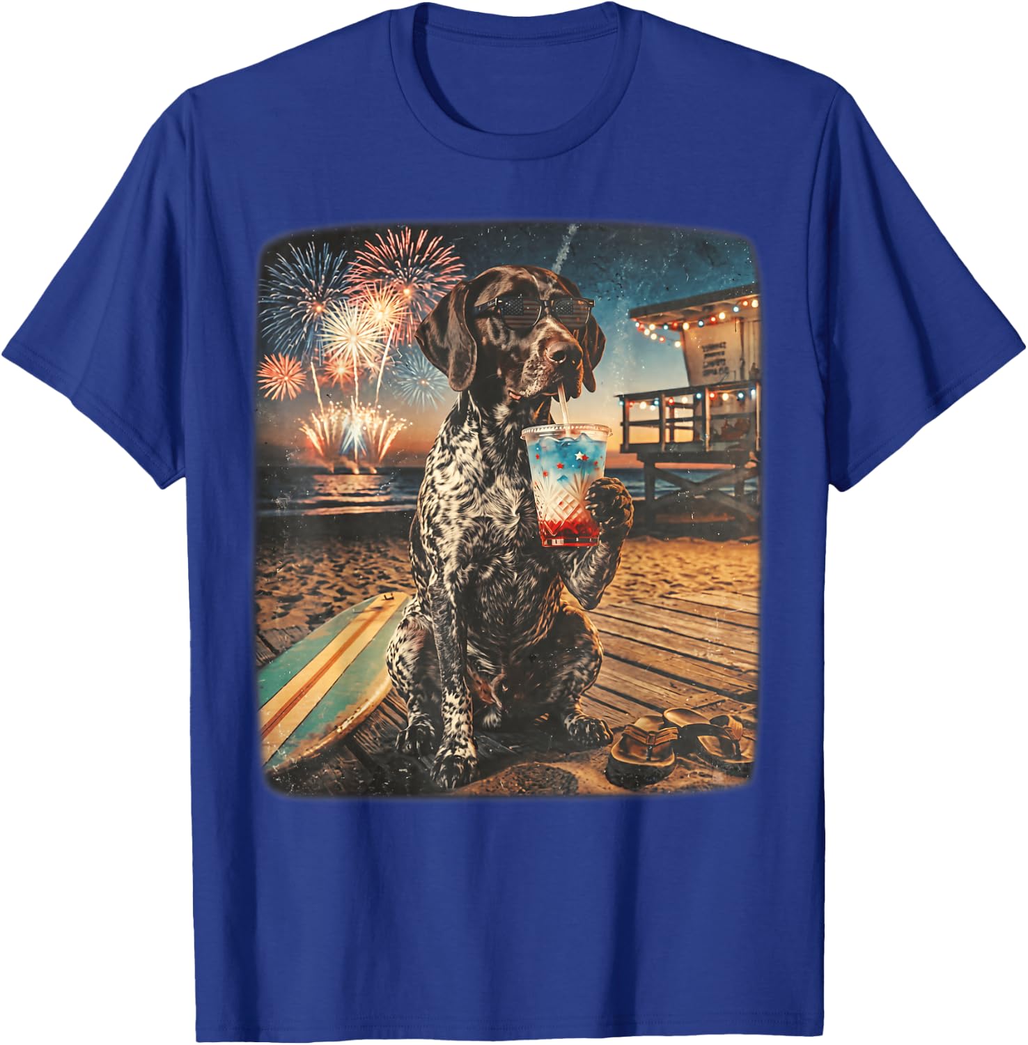 German Shorthaired Pointer Patriotic Beach Fireworks Dog Art T-Shirt - T-Shirt | Royal