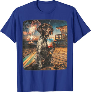 German Shorthaired Pointer Patriotic Beach Fireworks Dog Art T-Shirt - T-Shirt | Royal