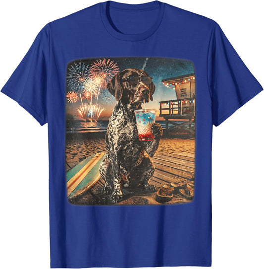 German Shorthaired Pointer Patriotic Beach Fireworks Dog Art T-Shirt - T-Shirt | Royal