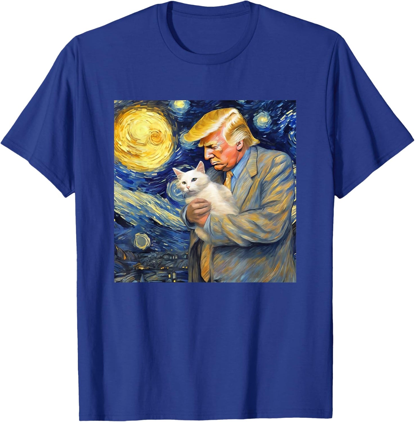 Starry Night Painting with Cat and Donald Trump Van Gogh T-Shirt - T-Shirt | Royal