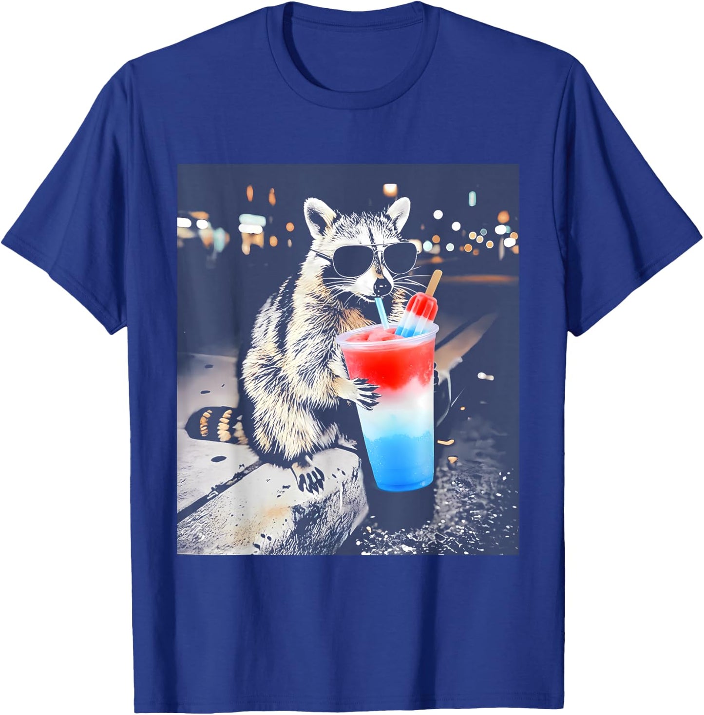 Funny Raccoon Drinking Red White Blue Popsicle Meme US Flag T-Shirt - T-Shirt | Royal