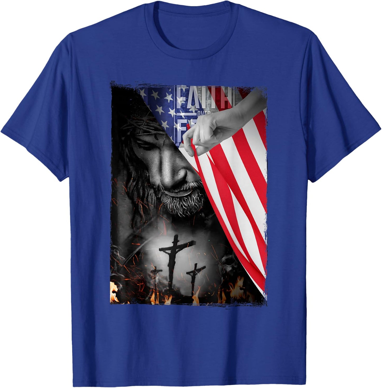 Faith Over Fear, Jesus American Flag Patriot Christian Gift T-Shirt - T-Shirt | Royal