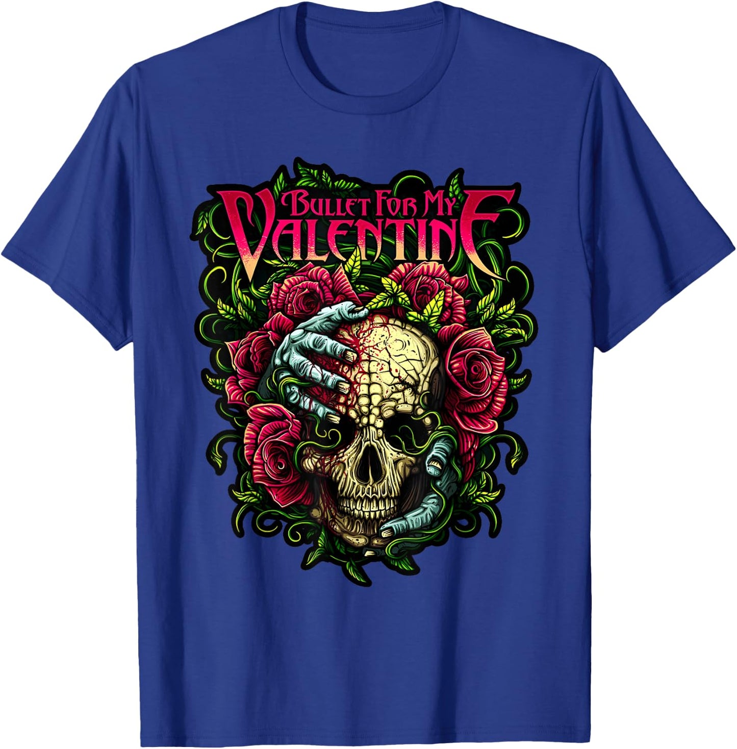 Funny Bullet My Valentine Horror with Skull, Roses and Red Blood T-Shirt - T-Shirt | Royal