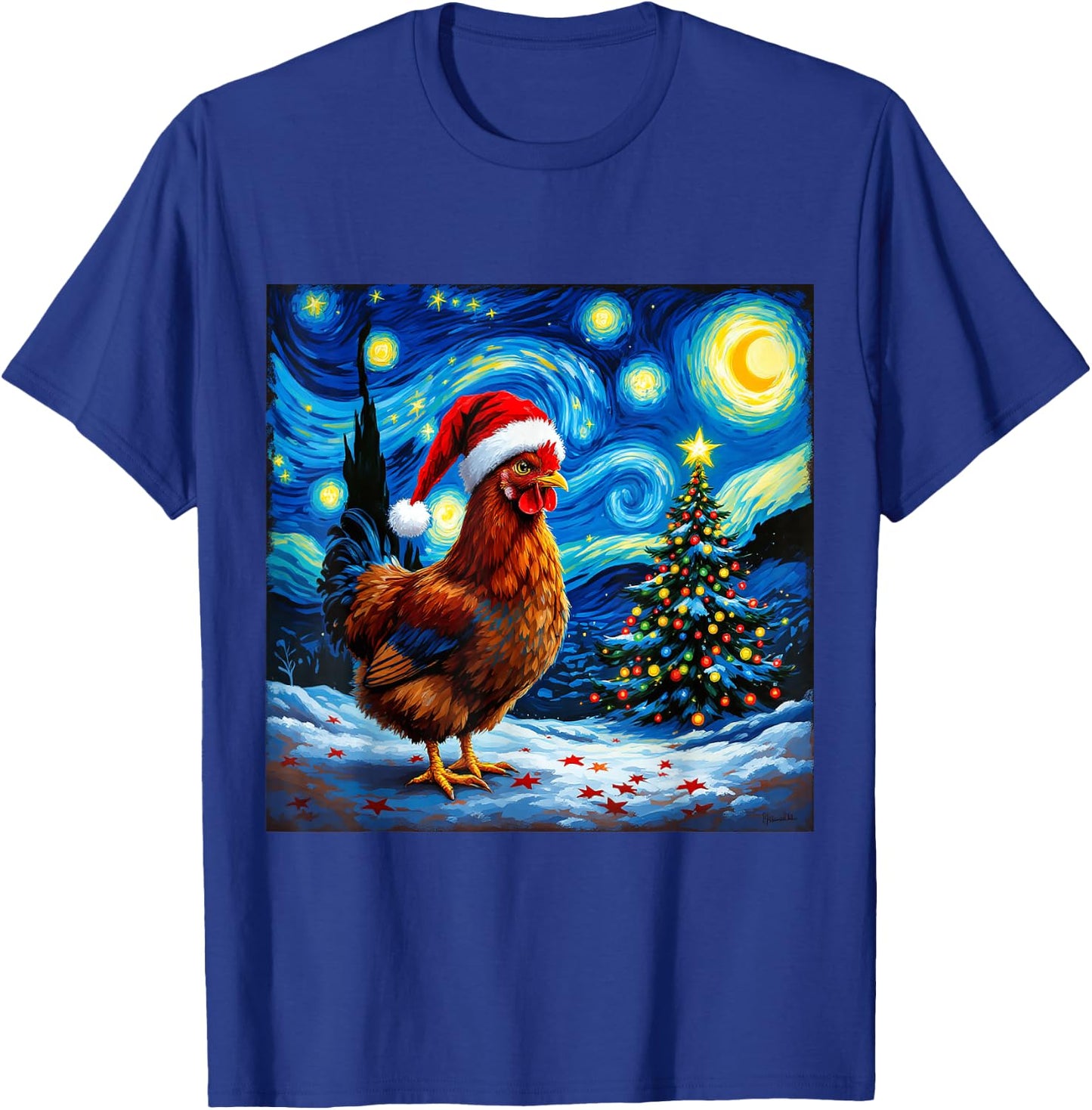 Christmas Chicken Santa Hat Van Gogh Starry Night Holiday T-Shirt - T-Shirt | Royal