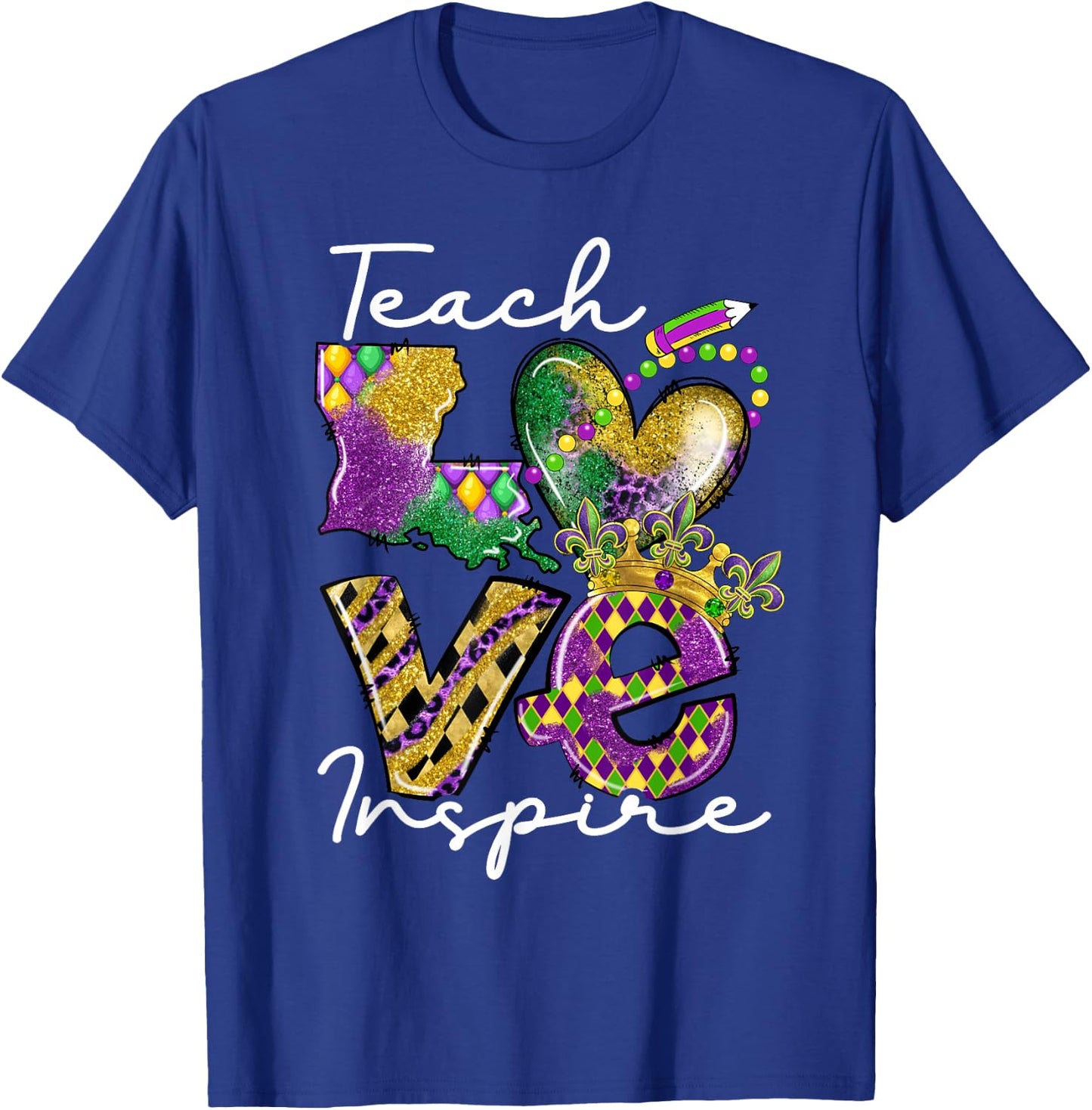Teacher Mardi Gras Teach Love Inspire Carnival Beads Leopard T-Shirt - T-Shirt | Royal