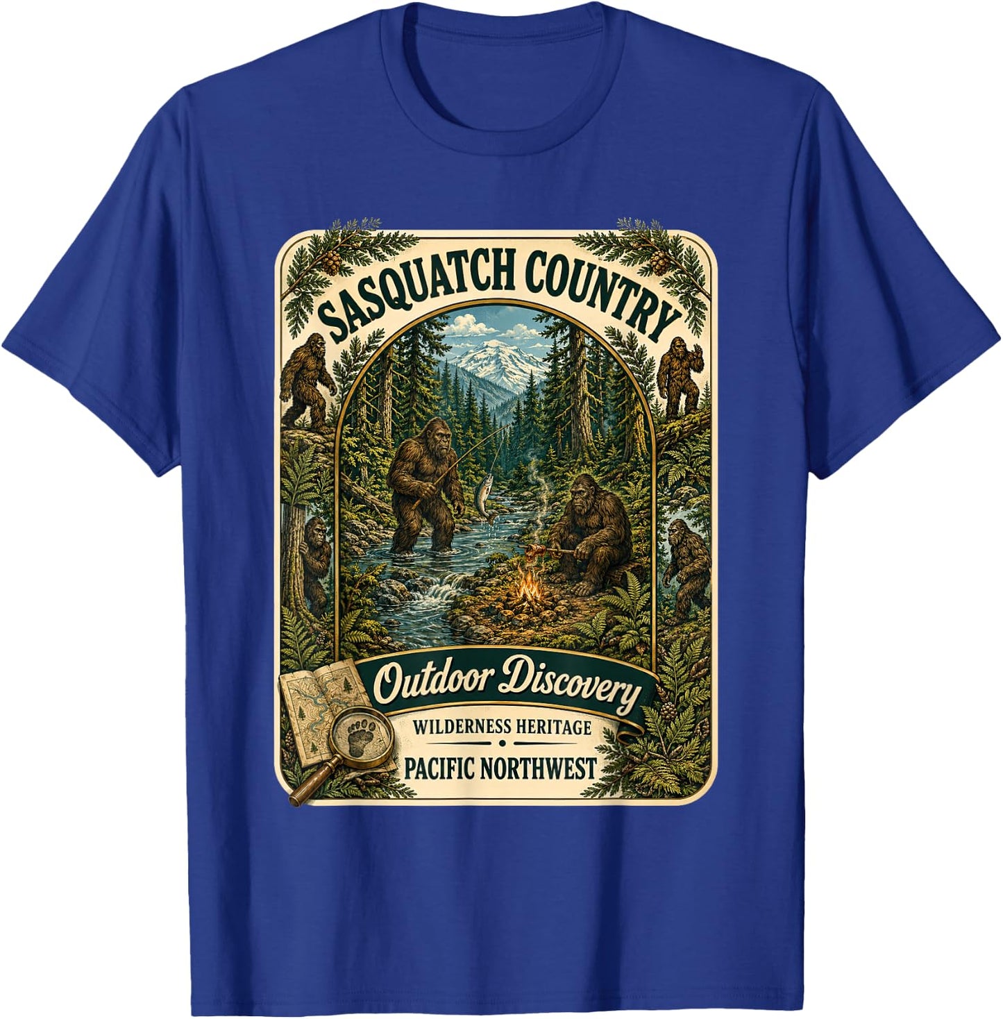 Sasquatch Bigfoot Country Outdoor Camping Pacific Northwest T-Shirt - T-Shirt | Royal