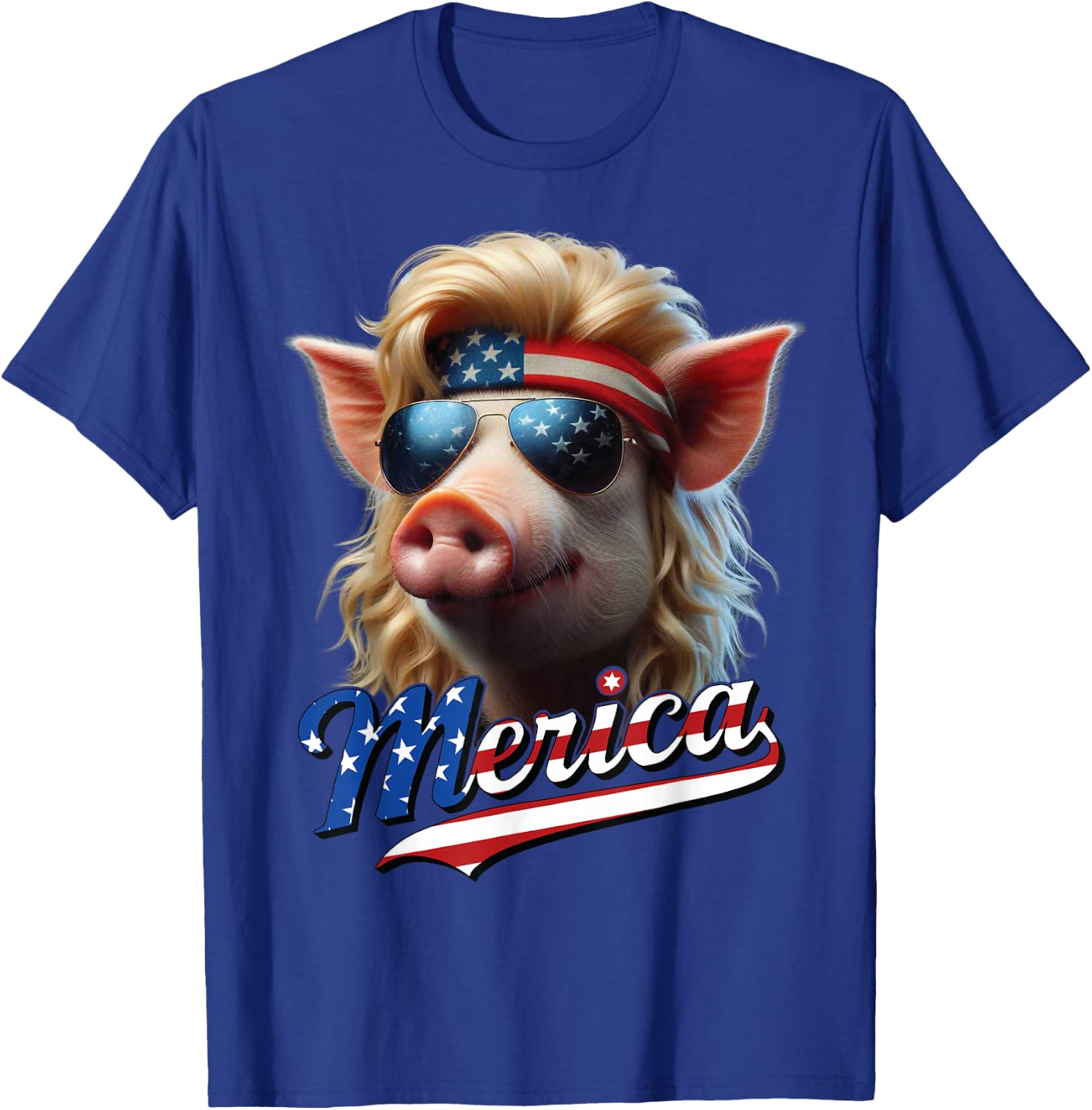 Pig Merica Blonde Mullet Wig USA Flag Funny T-Shirt - T-Shirt | Royal
