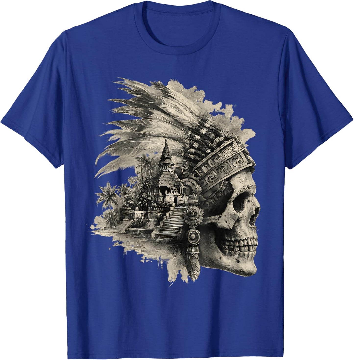 Feather Aztec Skull Maya Mexican Maya Indigenous Aztec T-Shirt - T-Shirt | Royal