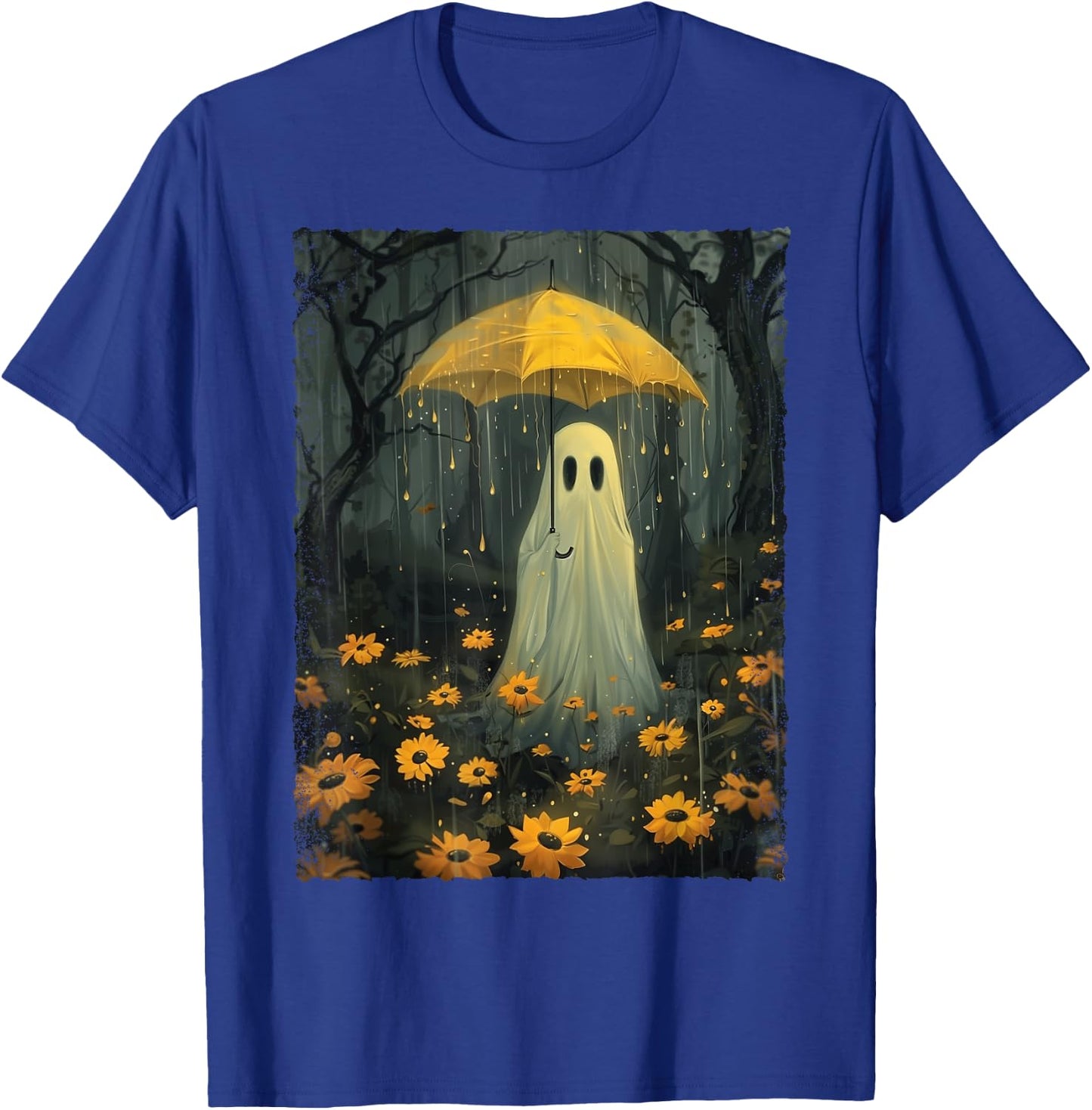 Ghost Holding Umbrella In The Rain Forest Gothic Whimsical T-Shirt - T-Shirt | Royal