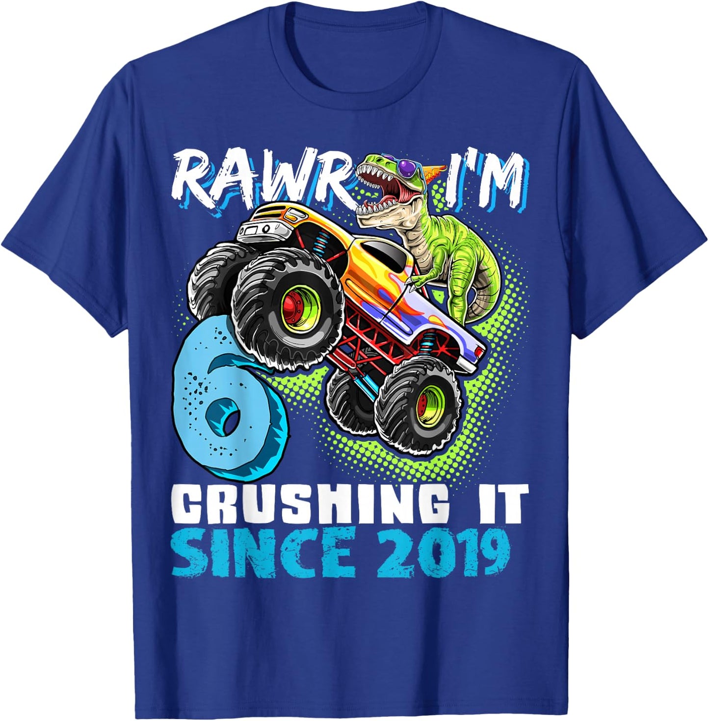 6th Birthday Monster Truck Dinosaur Party Boys Rawr I'm 6 T-Shirt - T-Shirt | Royal