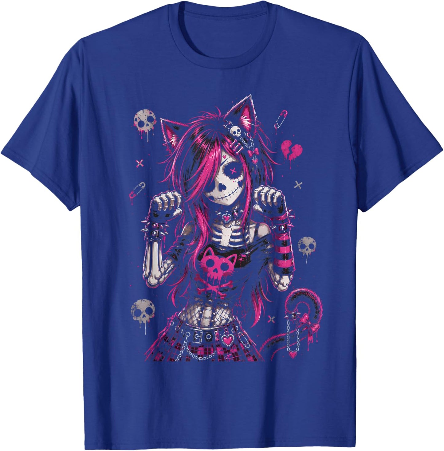 Emo Skeleton Cat Girl Pink Goth Aesthetic Rock Design T-Shirt - T-Shirt | Royal