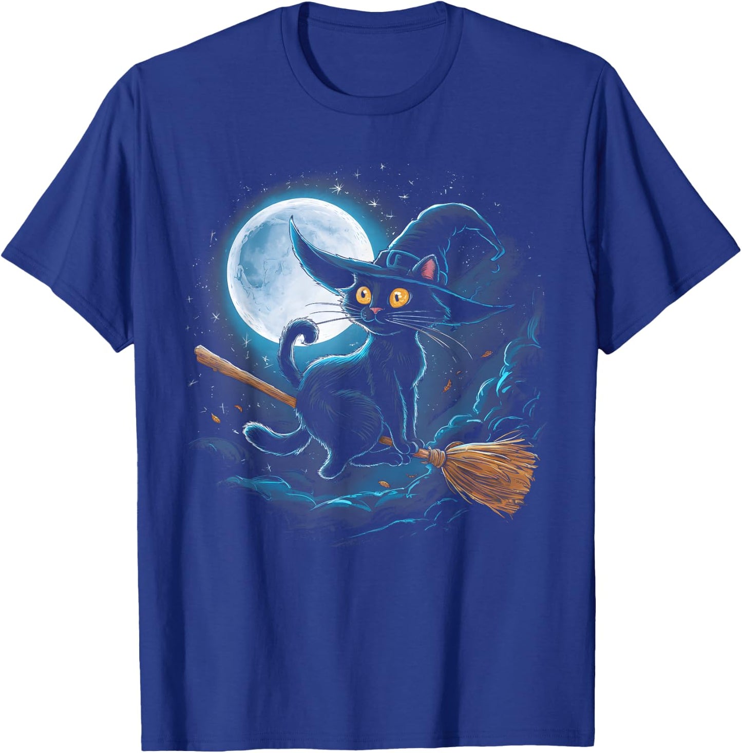 Witchy Black Cat on a Broomstick with Full Moon Halloween Women Kids T-Shirt - T-Shirt | Royal