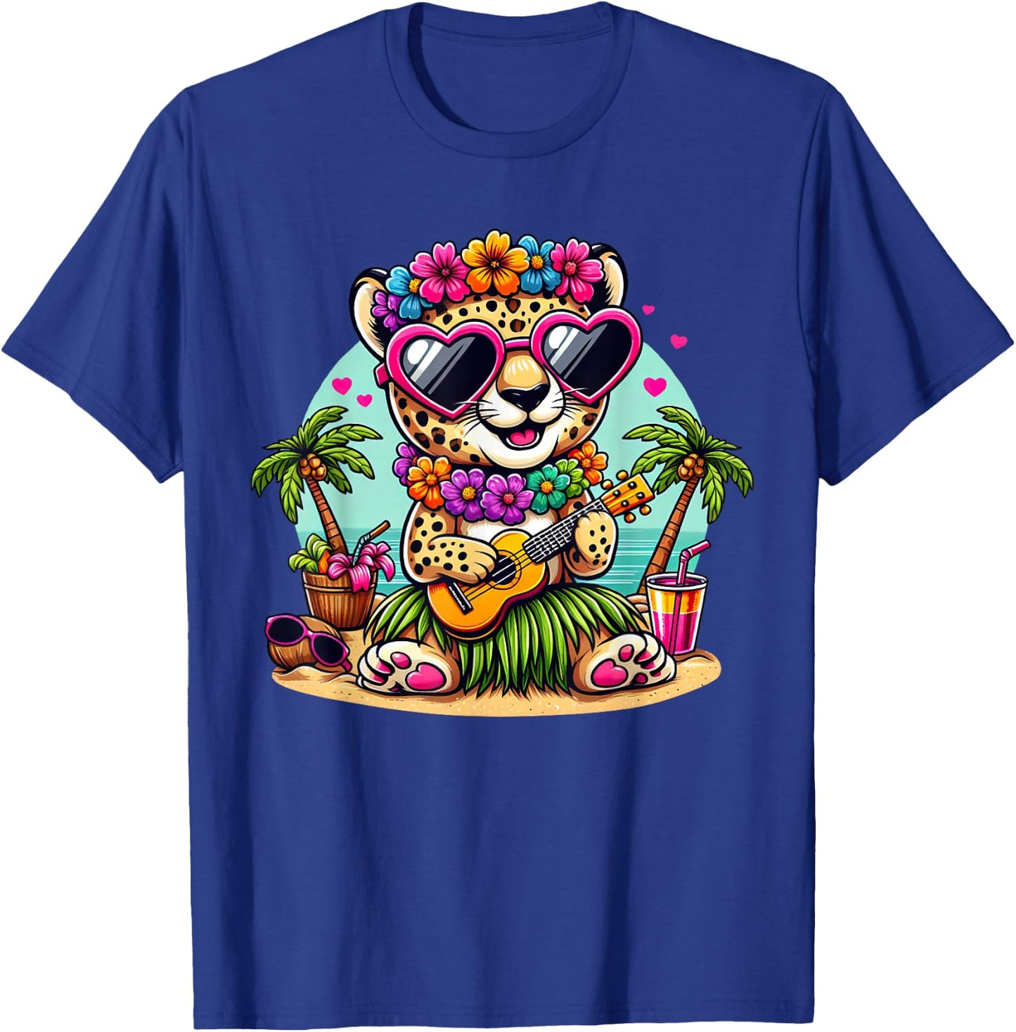 Funny Cheetah Hawaiian Costume Kids Summer Vacation Cheetah T-Shirt - T-Shirt | Royal