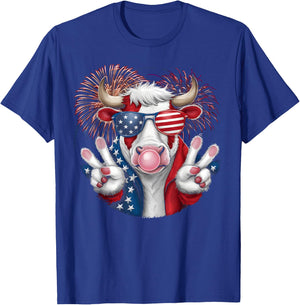 Fourth of July Firework Bull cow Patriotic American Flag T-Shirt - T-Shirt | Royal