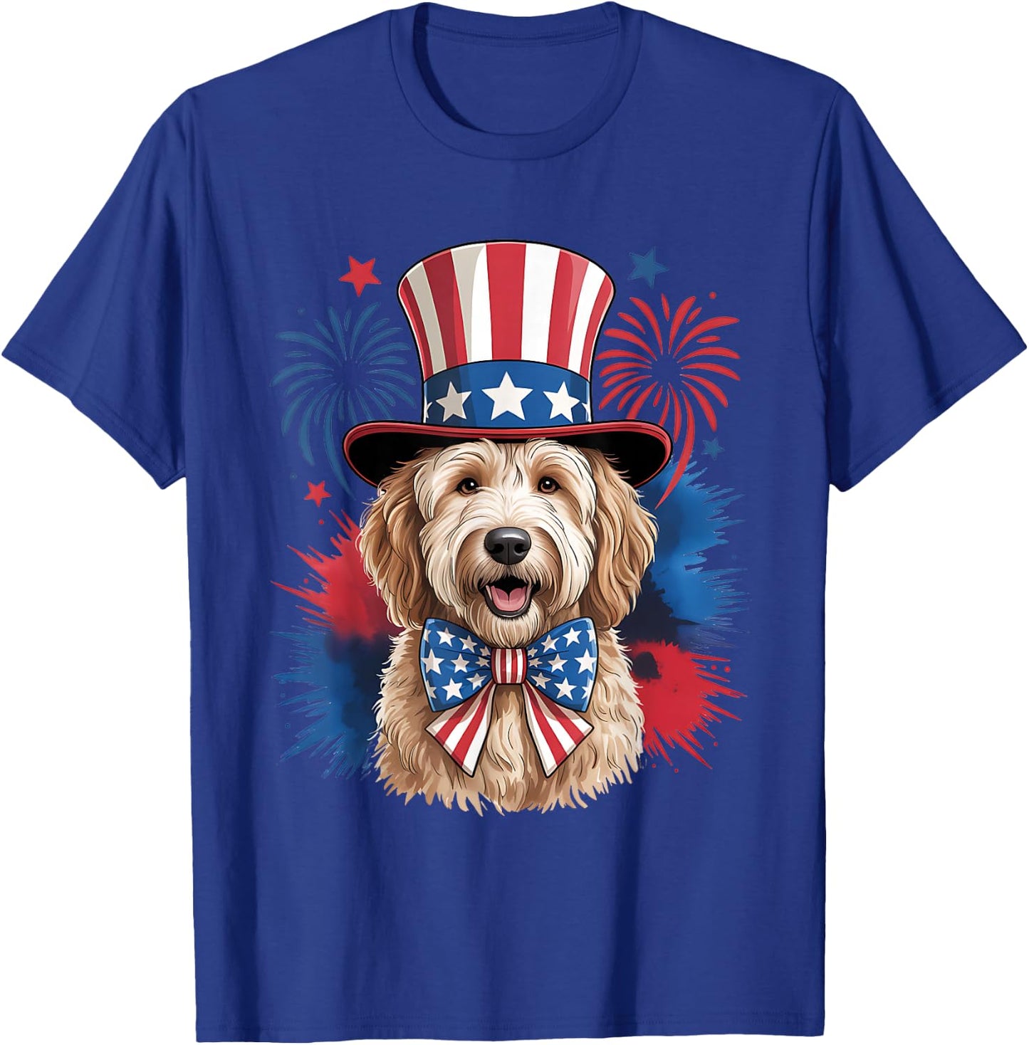Cute Goldendoodle Dog 4th of July USA Patriotic Hat and Bow T-Shirt - T-Shirt | Royal