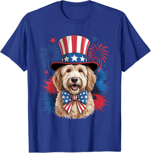 Cute Goldendoodle Dog 4th of July USA Patriotic Hat and Bow T-Shirt - T-Shirt | Royal