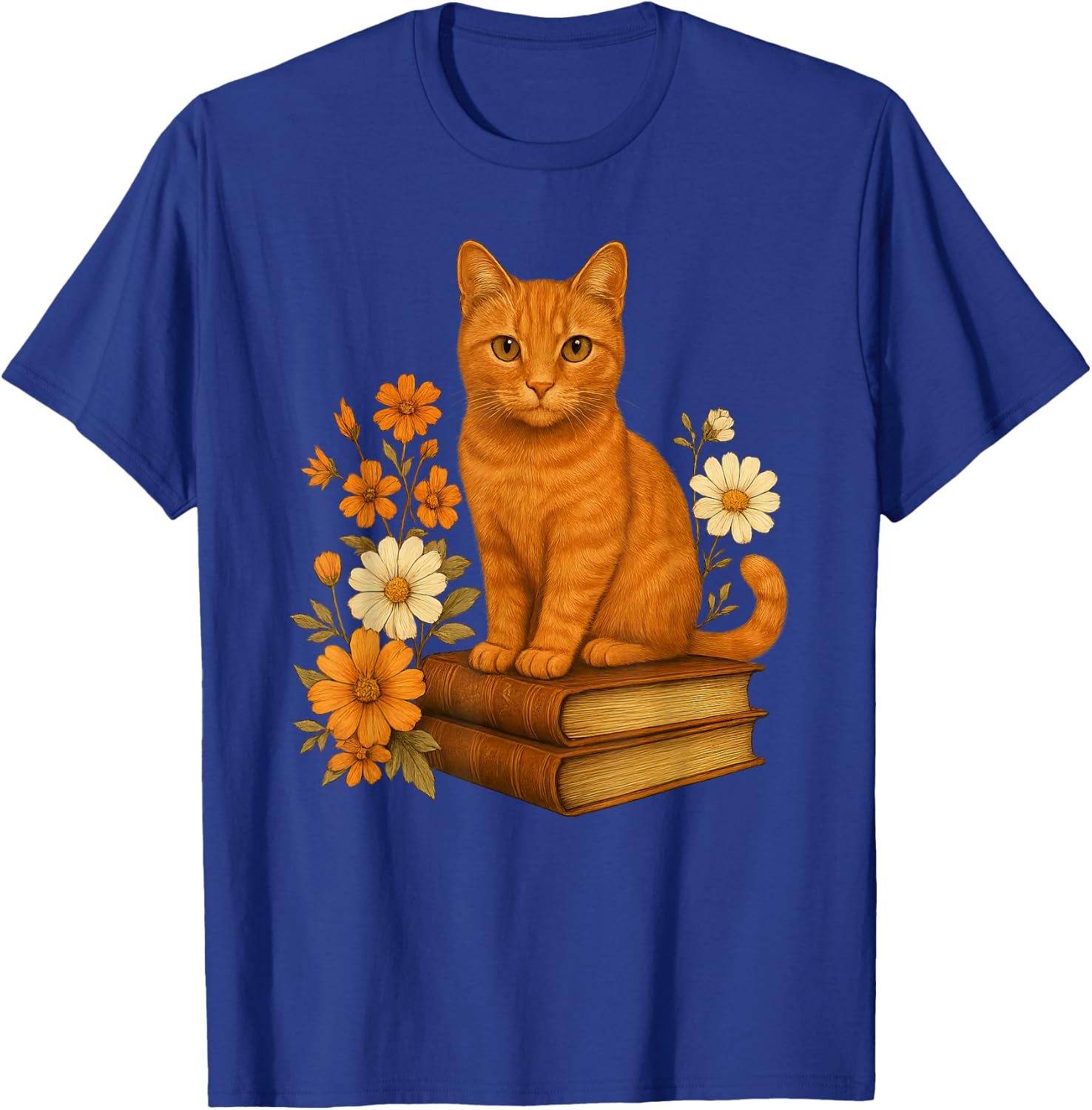 Cute Orange Cat Book Flowers T-Shirt - T-Shirt | Royal