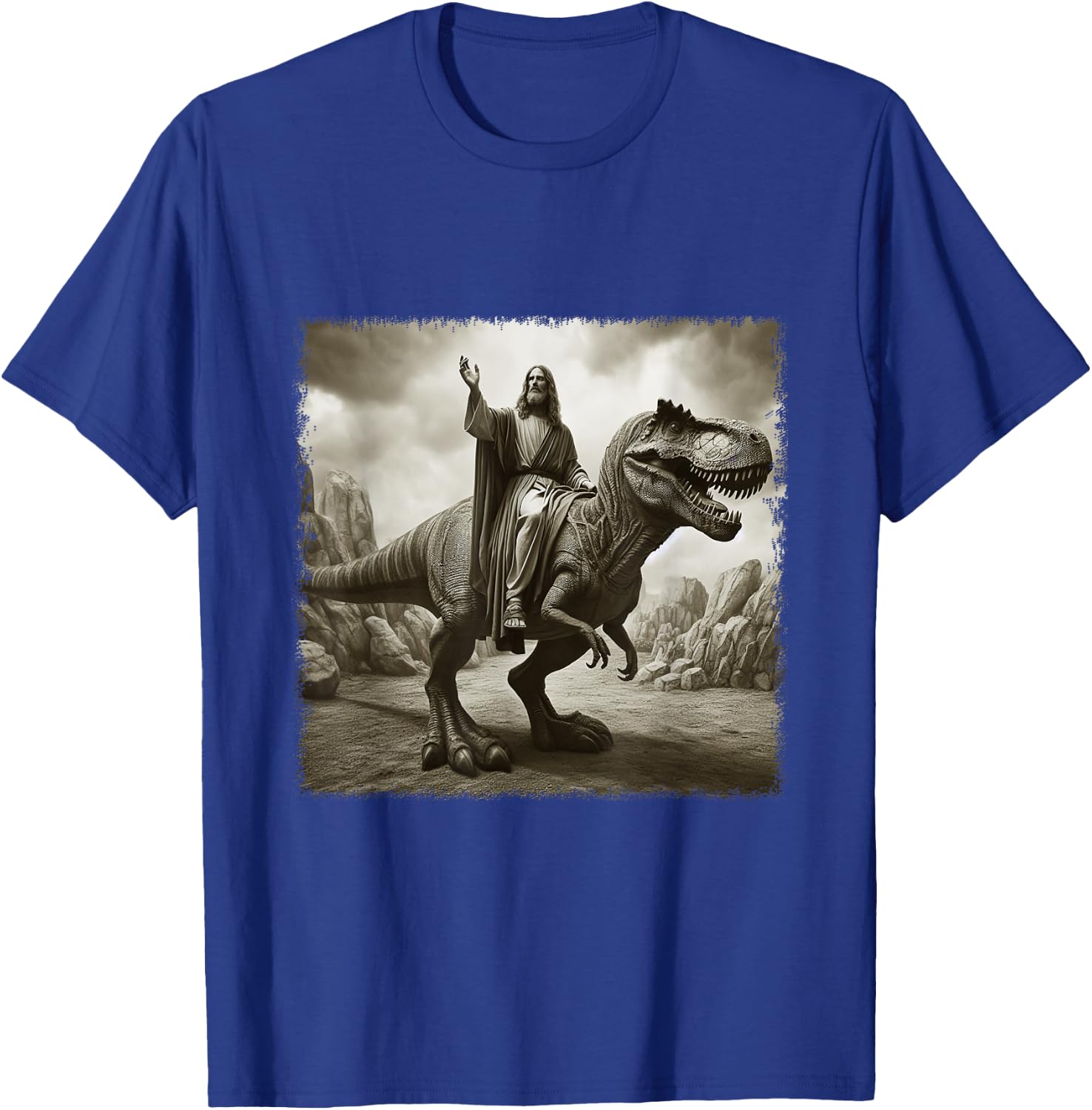 Vintage Jesus Riding T Rex Dinosaur Believers Christian T-Shirt - T-Shirt | Royal