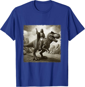 Vintage Jesus Riding T Rex Dinosaur Believers Christian T-Shirt - T-Shirt | Royal