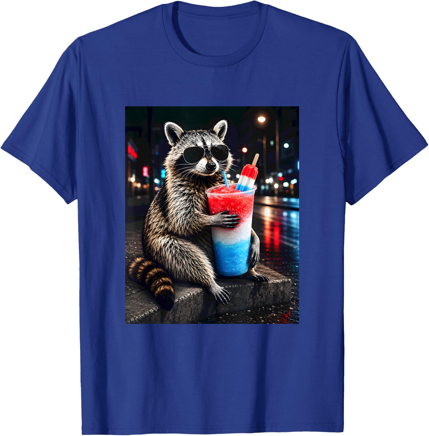 4th of July Raccoon Drinking Iced Cocktail Funny Animal Meme T-Shirt - T-Shirt | Royal
