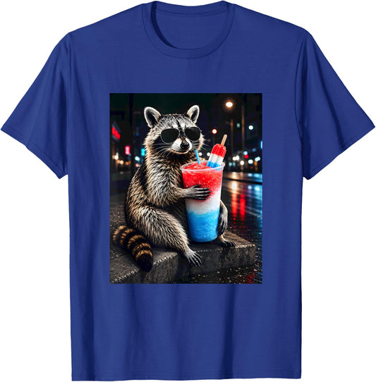 4th of July Raccoon Drinking Iced Cocktail Funny Animal Meme T-Shirt - T-Shirt | Royal